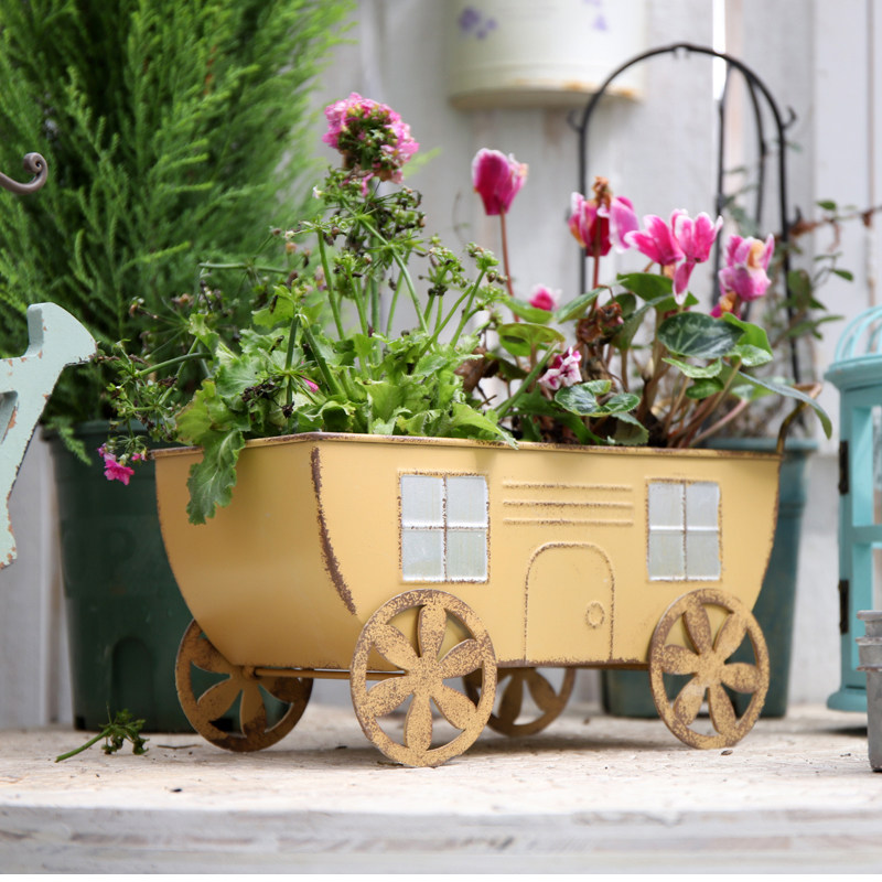 做旧日式铁皮小窗户造型移动小推车花盆带轮子可直接种植