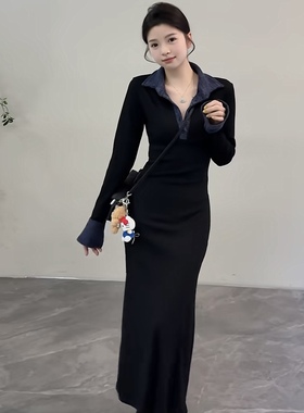 秋季长裙高个子女生加长版黑色针织长裙