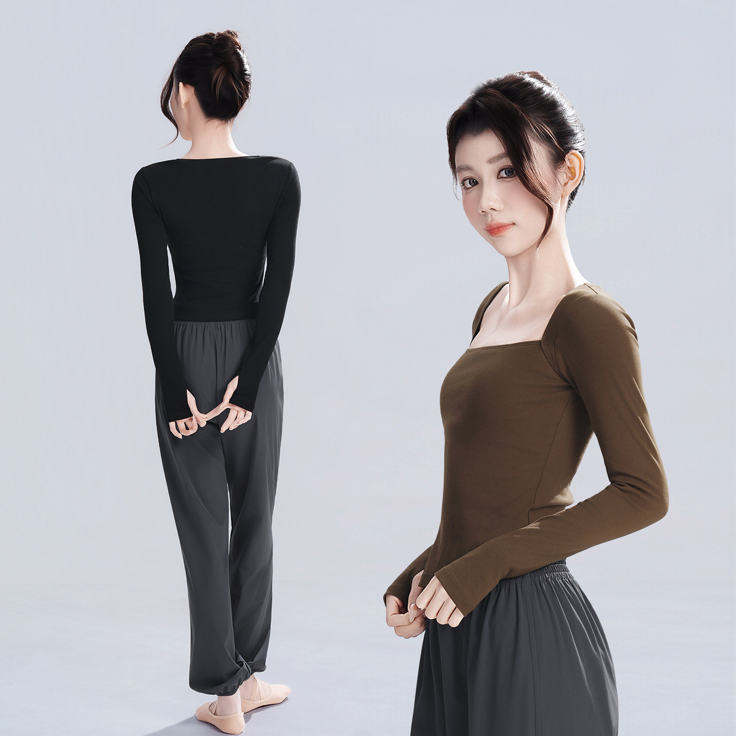 成人舞蹈服女显瘦方领上衣长袖芭蕾舞中国舞黑色现代舞形体练功服