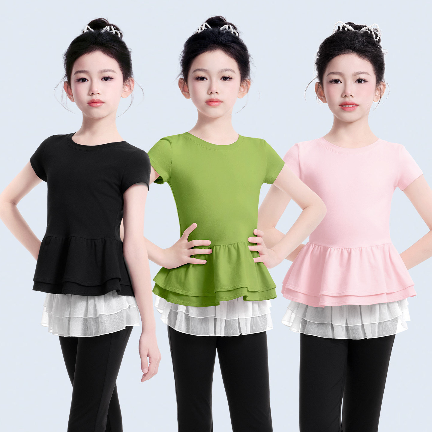儿童舞蹈练功服上衣双层棉短袖拉丁套装跳舞夏少儿训练女童练习服
