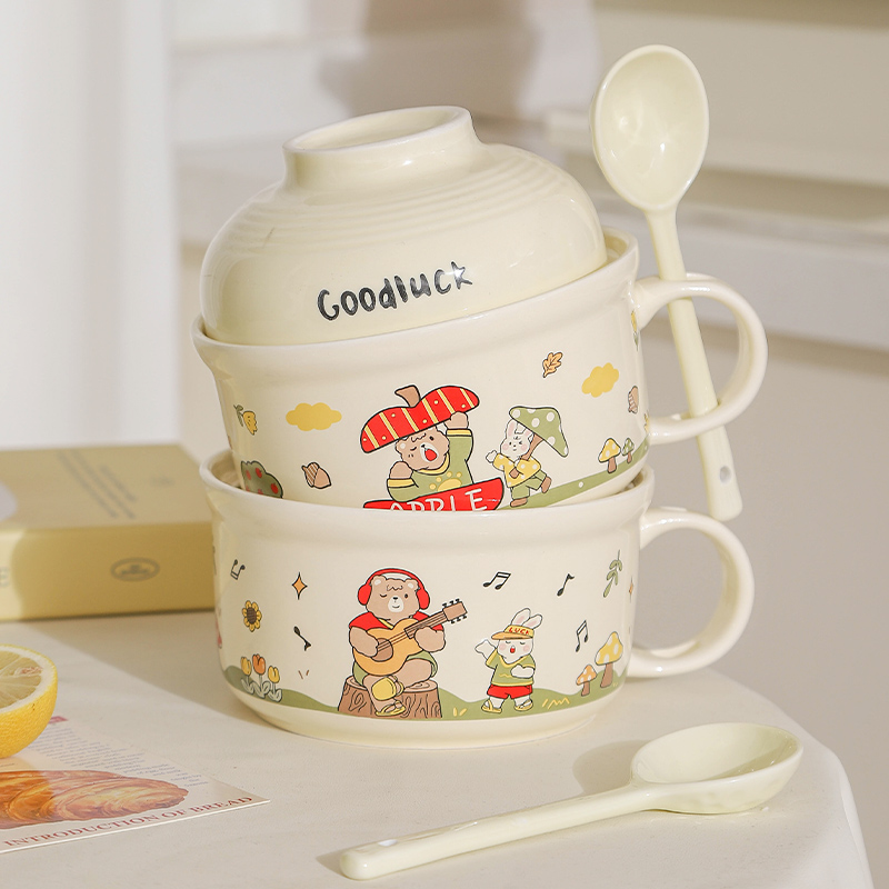 奶油风泡面碗带盖陶瓷大容量方便面碗个人专用学生打饭碗筷套装