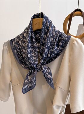 丝巾70*70中方巾蓝色字母高级感丝毛领巾春秋冬棉麻围巾女