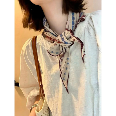 棉麻复古条纹百搭护颈三角丝巾