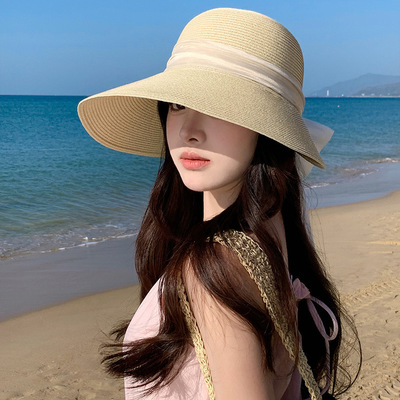 法式蕾丝系带大帽檐草帽女夏季旅
