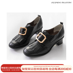 20S Tnewties 法式复古单鞋金属方扣懒人鞋女真皮鳄鱼纹流苏鞋