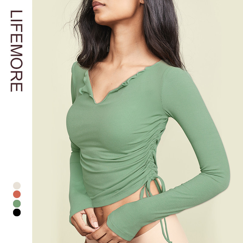 抽绳长袖运动T恤紧身健身衣