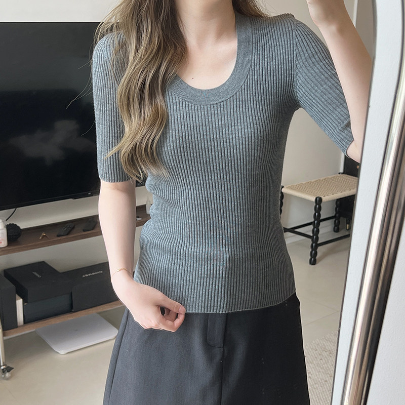 Lpants2025新款韩系正肩修身薄款短袖针织衫女装好物秋季温柔上衣