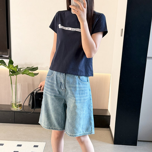 夏季100%纯棉正肩T恤女短袖字母印花圆领显瘦百搭基础款上衣质感