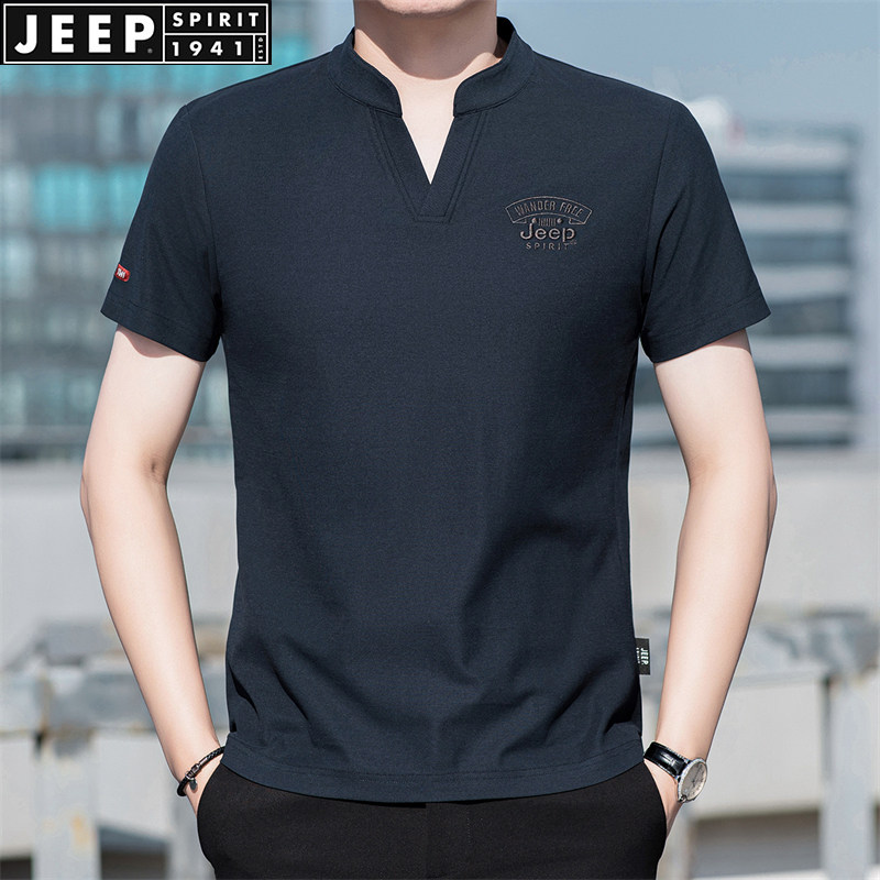 JEEP SPIRIT男V领珠地棉男士短袖2025夏季新款开衩休闲宽松T恤