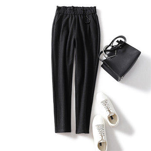 条纹毛呢真丝哈伦裤冬季加绒女士休闲裤加厚柞蚕丝保暖长裤靴裤子