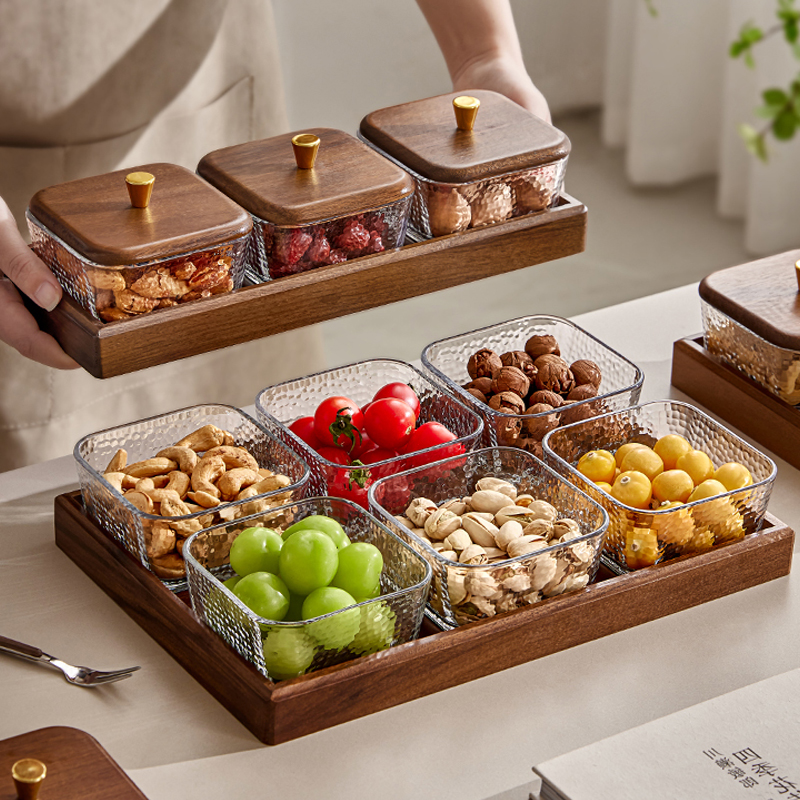 胡桃木色玻璃水果盘客厅家用零食盘茶几轻奢高档点心坚果分格盘