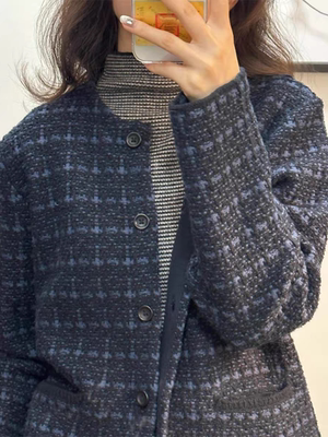 韩版千鸟格高级感短款毛呢外套女小个子呢子大衣夹克2025春款新款