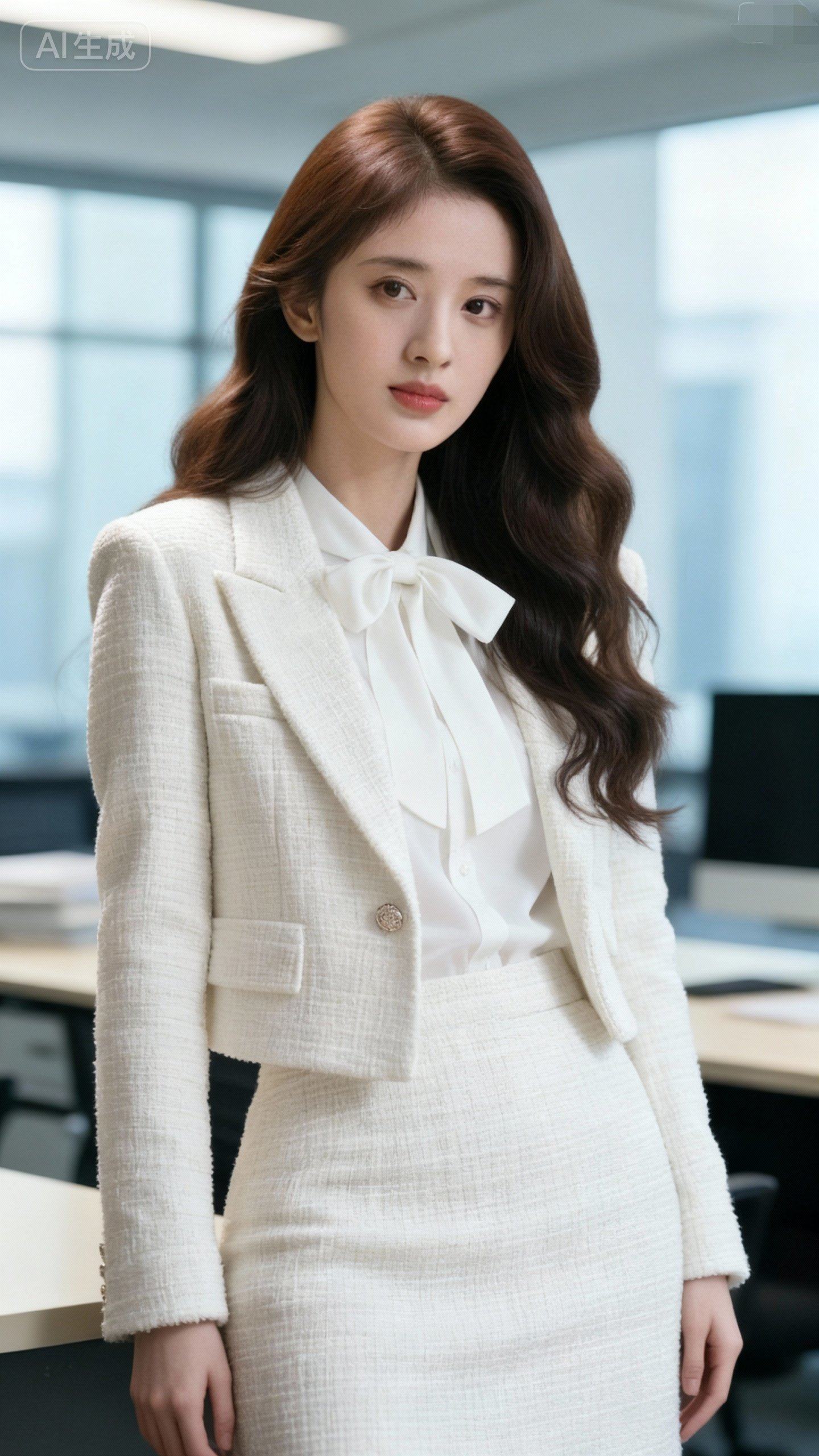 三件套装2025春季女装蝴蝶结衬衣饰纹理休闲西装短款外套白色包裙