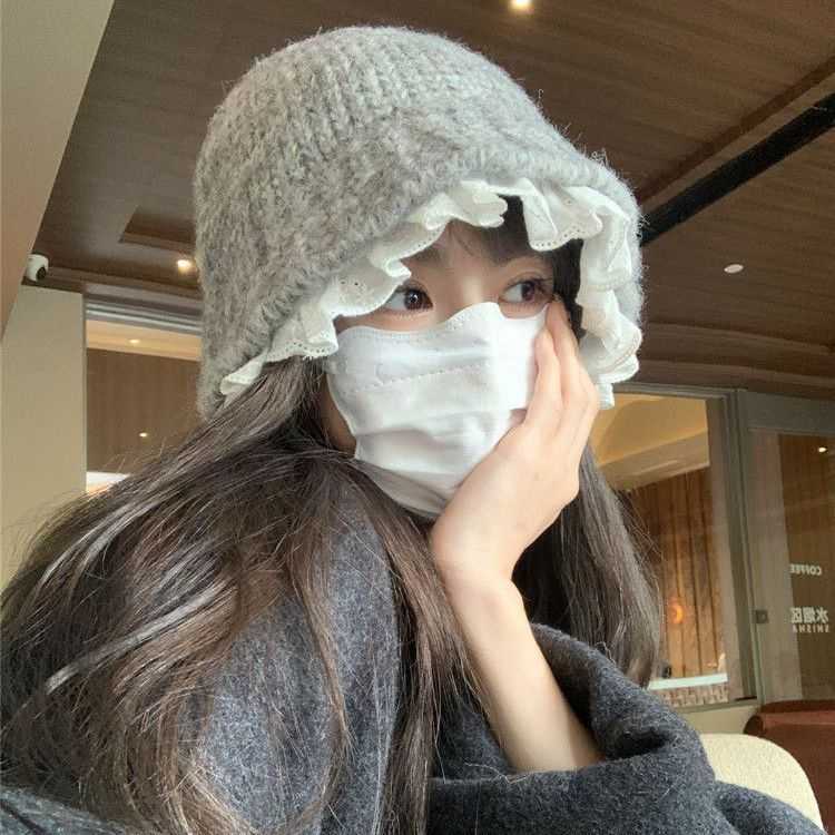 渔夫帽女秋冬季韩系蕾丝花边针织甜美百搭毛线帽保暖显脸小盆帽