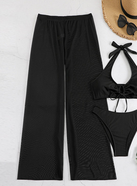 性感黑色比基尼三件套泳衣女挂脖系绳bikini防晒长腿泳裤沙滩泳衣