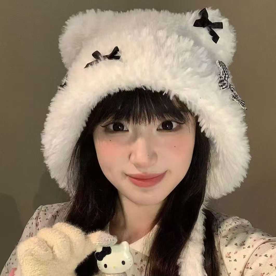 可爱小熊耳朵蝴蝶结氛围感防寒秋冬帽子防风护耳保暖帽