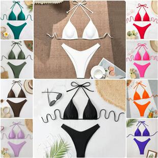 沙滩海边 泳衣女纯色沙滩比基尼高腰系带性感泳装 2025夏季 欧美新款
