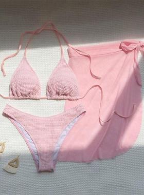 Solid color mesh three piece swimsuit with lace up beach bik