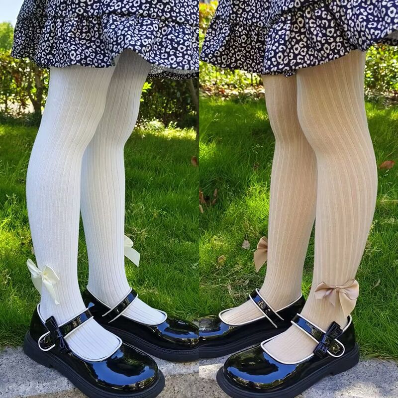 儿童袜子春秋宝宝打底裤外穿竖条纯色蝴蝶结大pp女童连裤袜棉
