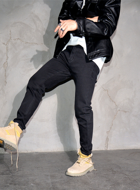 纯黑色高街修身小脚牛仔裤男美式潮流微垮锥形裤弹力显瘦铅笔长裤