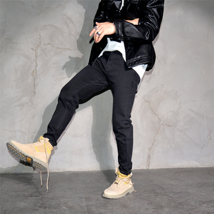 弹力显瘦铅笔长裤 纯黑色高街修身 潮流微垮锥形裤 男美式 小脚牛仔裤