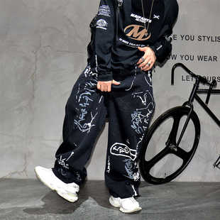 长裤 美式 油漆涂鸦阔腿老爹裤 男潮牌大码 痞帅hiphop宽松黑色牛仔裤