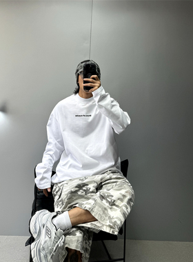 oversize潮牌阔版白色长袖t恤男重磅350g纯棉高品质简约字母印花T