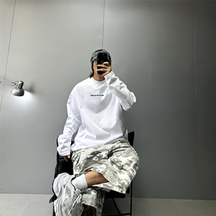 oversize潮牌阔版白色长袖t恤男重磅350g纯棉高品质简约字母印花T