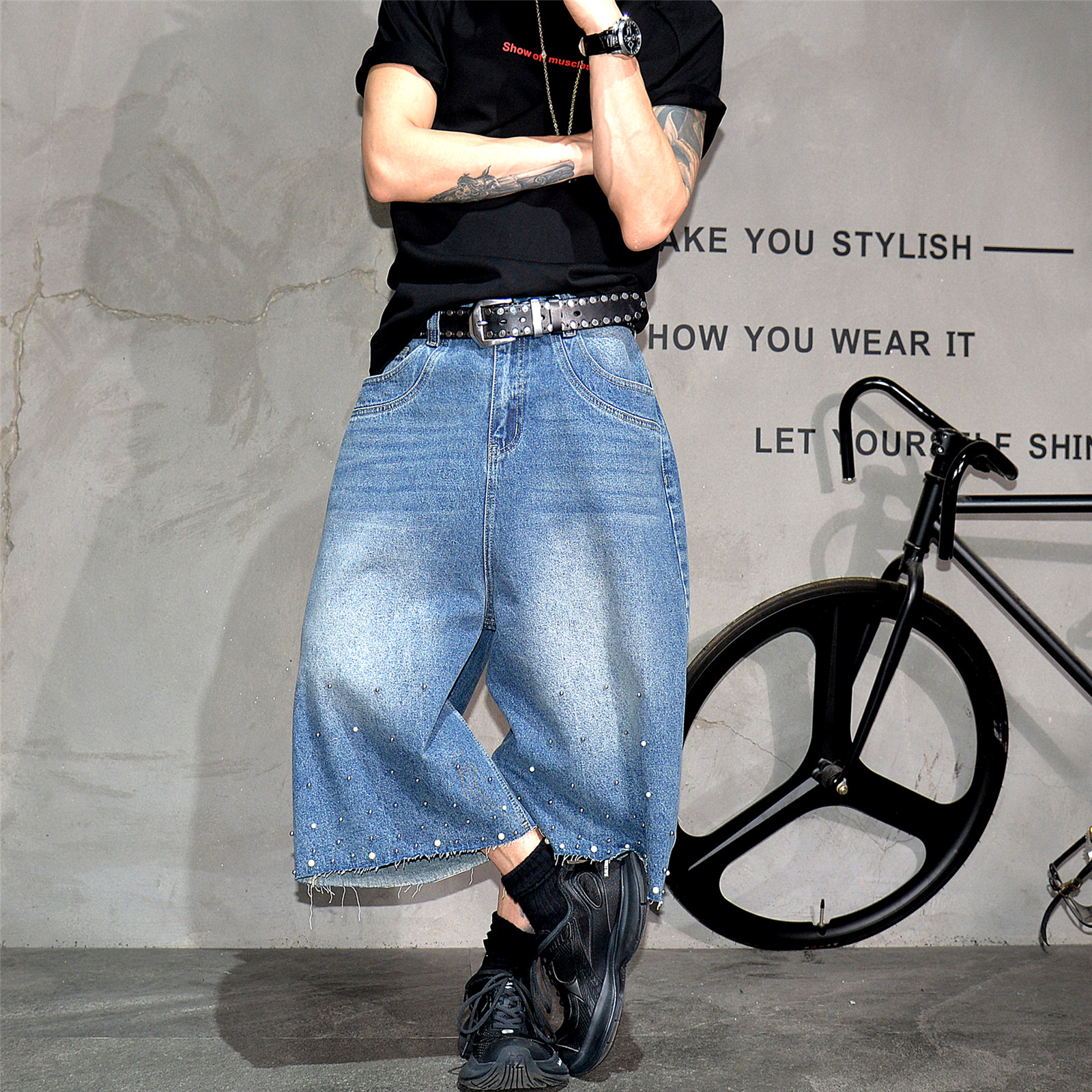 hiphop高街痞帅铆钉设计感阔腿牛仔短裤男vibe潮牌小众廓型七分裤,男装,牛仔裤,淘宝优惠券,粉丝福利购,淘宝优惠卷