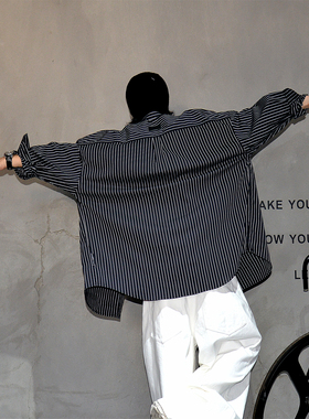 oversize廓形龟背感长袖条纹衬衫男潮牌老钱风宽松圆下摆休闲衬衣