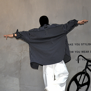 oversize廓形龟背感长袖 男潮牌老钱风宽松圆下摆休闲衬衣 条纹衬衫