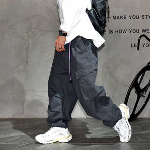 微垮老爹裤 日系痞帅大口袋宽松直筒工装 饰大码 男潮牌腰带装 休闲裤