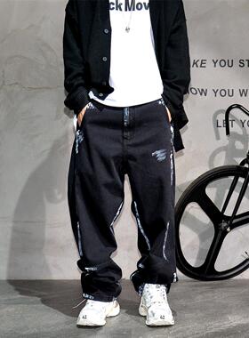 小众vibe废土风黑色泼漆阔腿直筒牛仔裤男美式潮牌高街拖地老爹裤