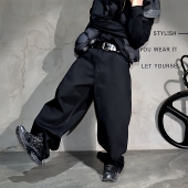 潮牌hiphop拖地裤 长裤 男原创vibe廓形大码 黑色极简阔腿直筒牛仔裤