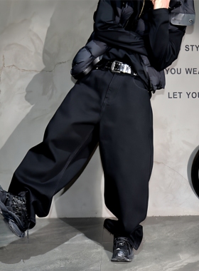 黑色极简阔腿直筒牛仔裤男原创vibe廓形大码长裤潮牌hiphop拖地裤