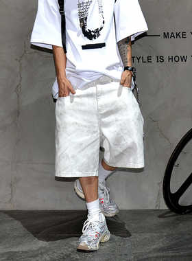 小众潮牌脏脏白色做旧宽松阔腿牛仔短裤男vibe美式休闲大码五分裤