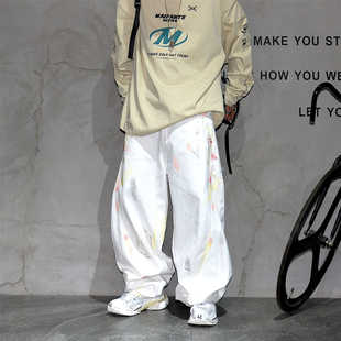 潮牌vibe构解弯刀拖地长裤 A字小众巴家脏脏做旧阔腿白色牛仔裤 男