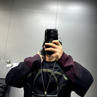 黑色vibe废土风渐变痞帅宽松长袖 t恤男oversize落肩潮牌街头扩版