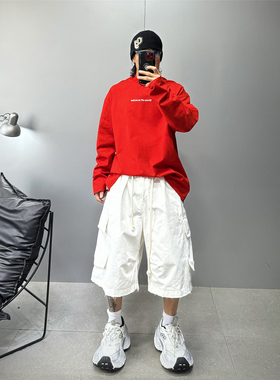 oversize廓型落肩红色长袖t恤男重磅350g纯棉潮牌T宽松百搭打底衫