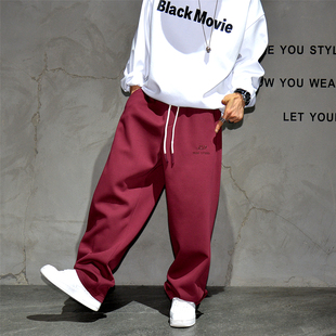 美式休闲宽松直筒酒红色运动卫裤男简约抽绳百搭加绒加厚阔腿长裤