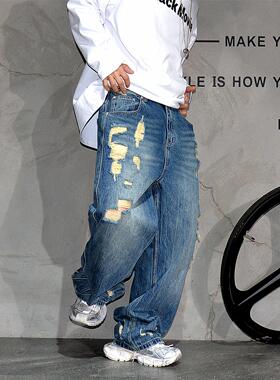 美式潮牌痞帅宽松直筒阔腿破洞牛仔裤男复古蓝色做旧休闲大码长裤