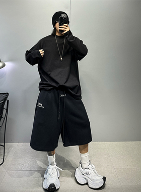 oversize落肩纯黑色扩版长袖t恤男350g纯棉宽松百搭净版潮牌T恤衫