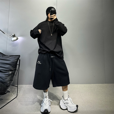 oversize落肩纯黑色扩版T长袖t恤