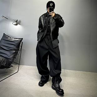 cleanfit黑色高街短款 pu皮夹克男潮牌宽松痞帅机车皮衣外套潮 扩版