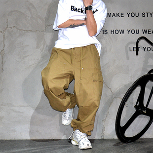 男日系阔腿卡其色宽松直筒老爹长裤 休闲裤 复古大口袋伐木工装 美式