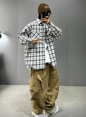 黑白灰棋盘格子长袖宽松衬衫男潮