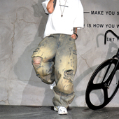 hiphop拖地裤 vibe废土脏洗做旧阔腿牛仔裤 男潮牌宽松大破洞乞丐裤