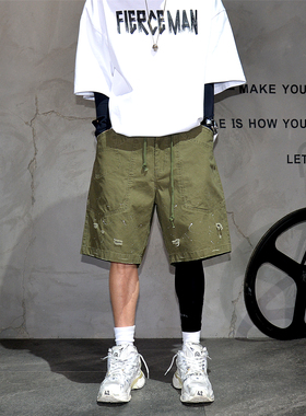 日系复古军绿色阔腿工装休闲短裤男潮牌宽松抽绳刮烂破洞五分裤子
