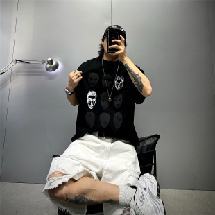 oversize落肩潮牌黑色短袖T恤男350g重磅纯棉半袖体恤衫痞帅阔版T