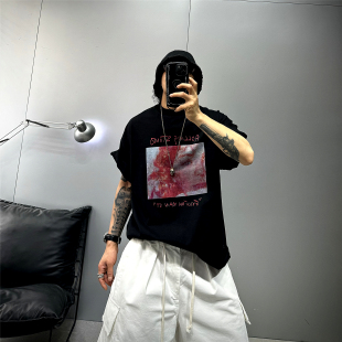 350g重磅纯棉印花短袖T恤男oversize落肩宽松潮牌t黑色阔版体恤衫